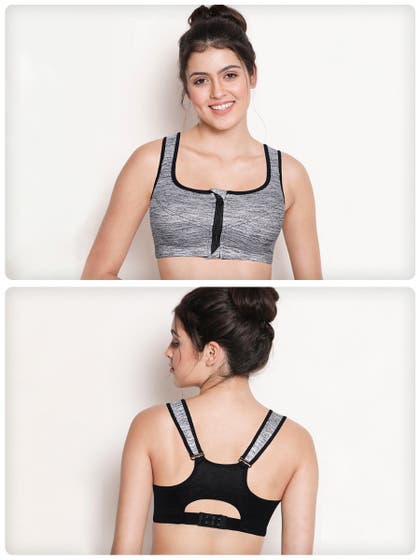 Shyle Grey Melange with Black Locking Front Zipper Racerback Sports Bra