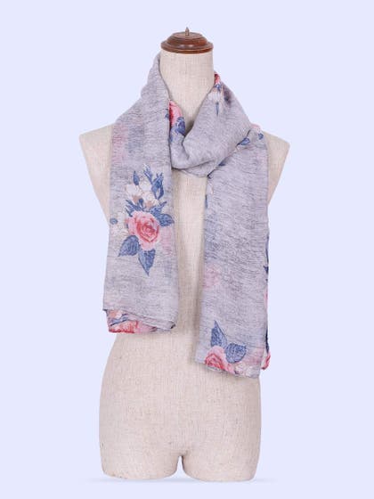 Shyle Cloud Grey Floral Printed Viscose Scarf