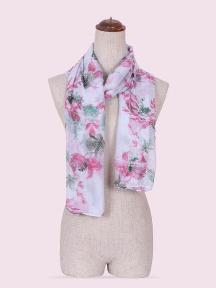 Shyle Snow White Floral Printed Viscose Scarf