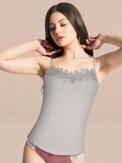 Shyle Grey Floral Front Lace Neckline Ribbed Camisole