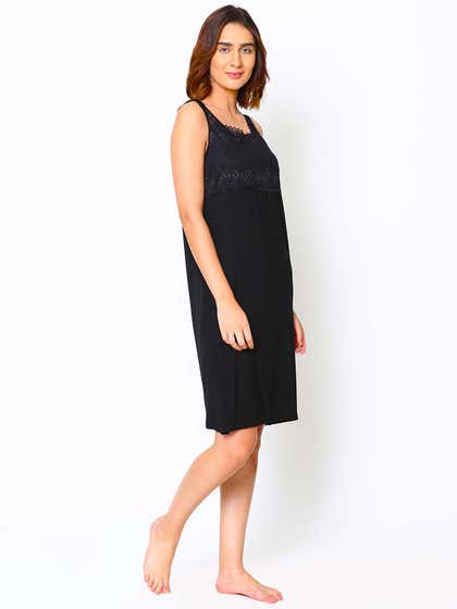 Shyle Black Lace Neckline Chemise Nightwear 