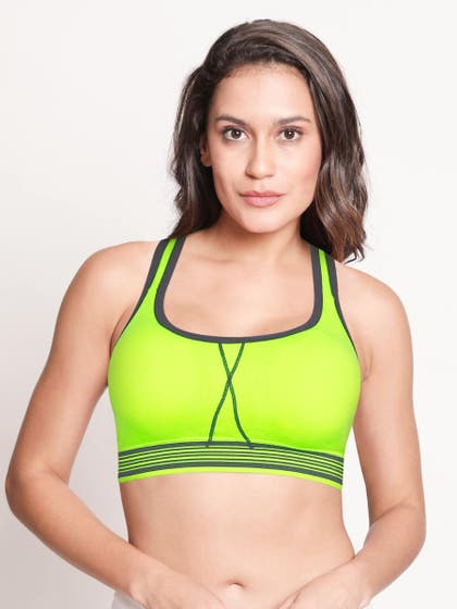 Shyle Fluorescent Yellow Stripe Underband Sports Bra With Y-Back