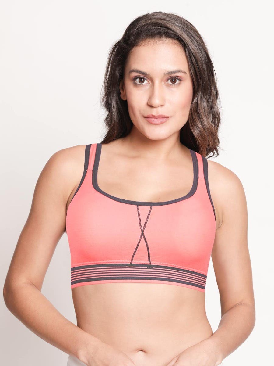 Shyle Light Neon Coral Stripe Underband Sports Bra With Y-Back