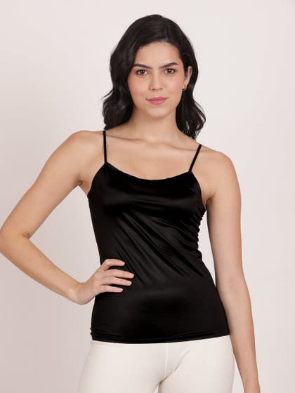 Shyle Pure Black Spaghetti Strap Shiny Nylon Camisole