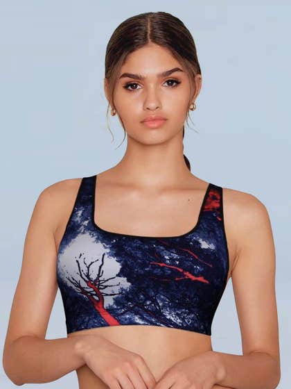 Shyle Blue Bough Print Racerback Sports Bra