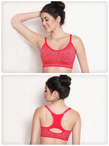 Shyle Neon Orange and Neon Pink Chaotic Stripe Adjustable Racerback Sports Bra