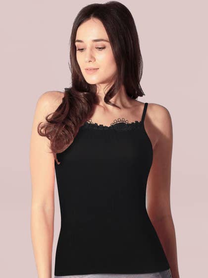 Shyle Black Front Lace Trim Basic Ribbed Camisole