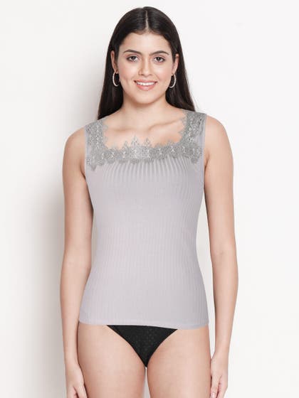 Shyle Grey Square Lace Neck Ribbed Camisole