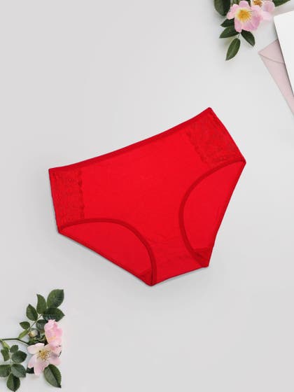 Shyle Fiery Red Full Coverage Solid Lace Hipster Panty