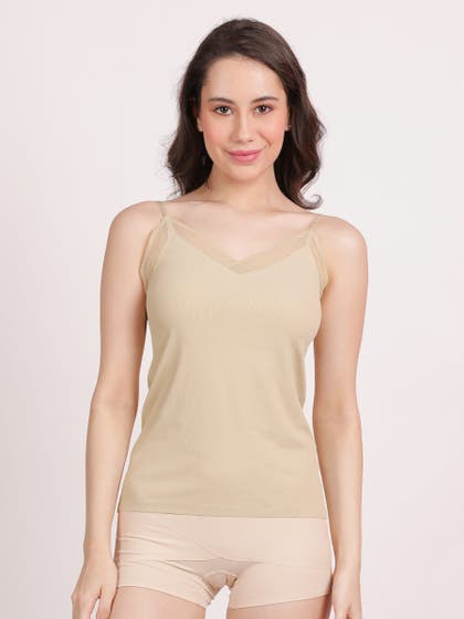 Shyle Wheat Skin Lace Neckline Spaghetti Strap Camisole