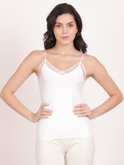 Shyle White Lace Neckline Spaghetti Strap Camisole