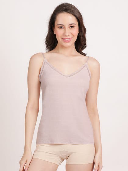 Shyle Pearled Ivory Spaghetti Strap Nylon Camisole