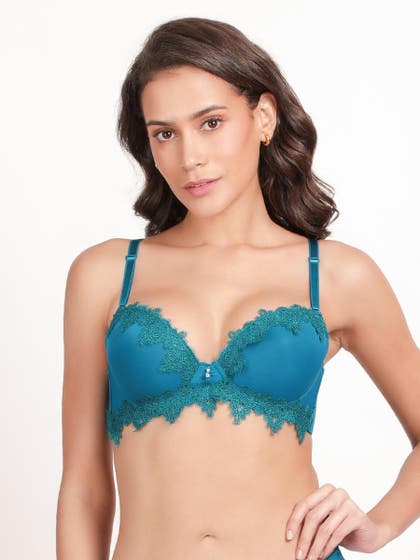 Susie Aquarius Blue Lace Neckline and Bottom Lace Wired Push Up Bra