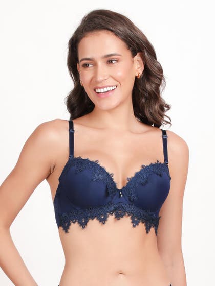 Susie Ocean Blue Lace Neckline and Bottom Lace Wired Push Up Bra
