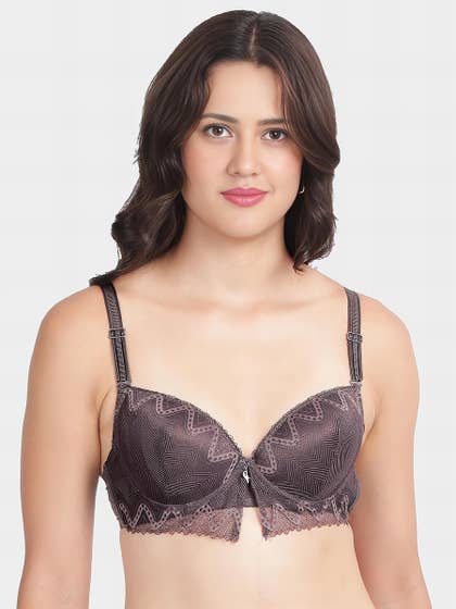 Shyle Dark Grey Decorative Lace Padded Wired Pushup Bra