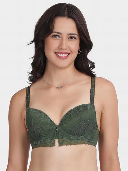 Shyle Forest Green Decorative Lace Padded Wired Pushup Bra