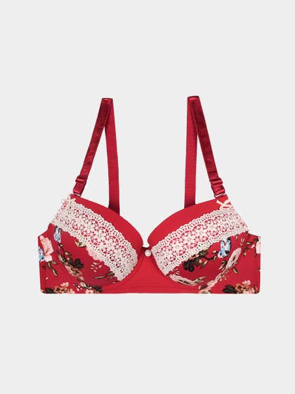 Shyle Bright Red Decorative Trim Printed Push Up Bra