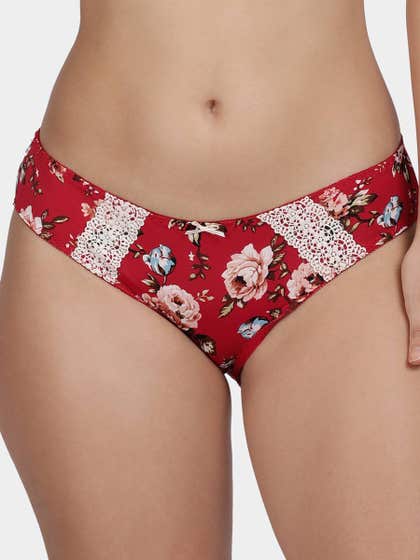 Shyle Bright Red Decorative Trim Printed Bikini Panty