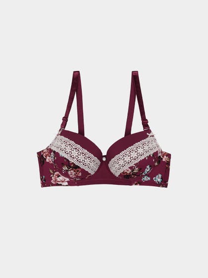 Shyle Cabernet Red Decorative Trim Printed Push Up Bra