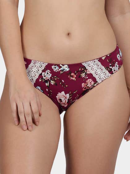 Shyle Cabernet Red Decorative Trim Printed Bikini Panty
