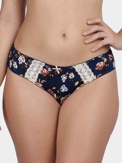 Shyle Dark Blue Decorative Trim Printed Bikini Panty