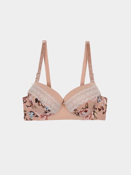 Shyle Peach Decorative Trim Printed Push Up Bra
