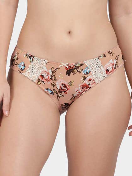 Shyle Peach Decorative Trim Printed Bikini Panty