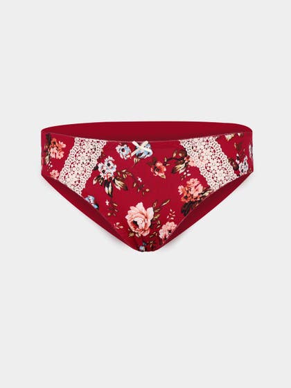 Shyle Bright Red Decorative Trim Printed Bikini Panty