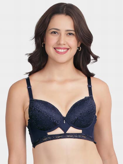 Shyle Dark Blue Fully Lace Decorative Center Padded Wired Pushup Bra