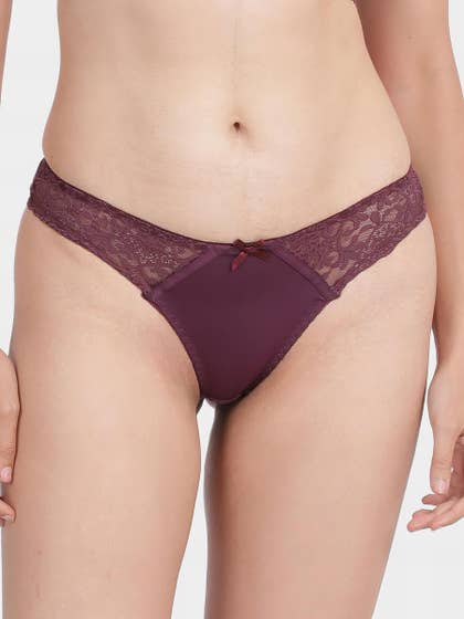Shyle Dark Purple Waistband Lace With Bow Embellishment Thong Panty