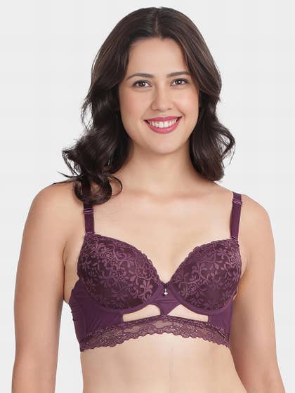 Shyle Dark Purple Fully Lace Decorative Center Padded Wired Pushup Bra