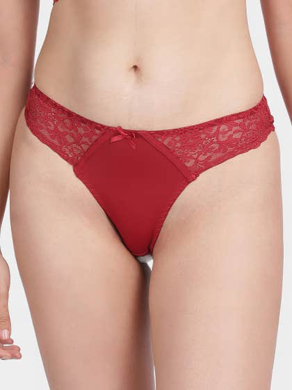 Shyle Deep Red Waistband Lace With Bow Embellishment Thong Panty
