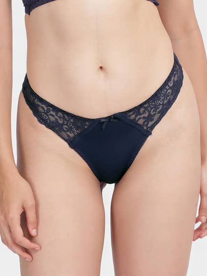 Shyle Dark Blue Waistband Lace With Bow Embellishment Thong Panty