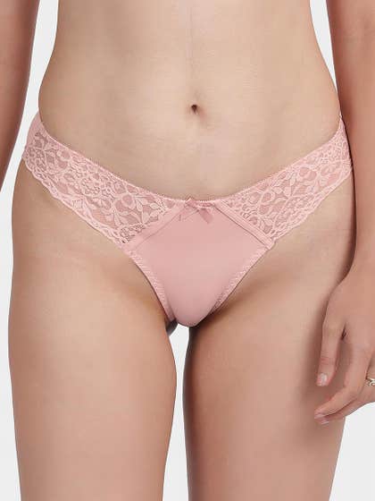 Shyle Peach Waistband Lace With Bow Embellishment Thong Panty