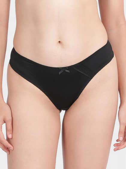 Shyle Black Beauty Decorative Patterned Lace Thong Panty