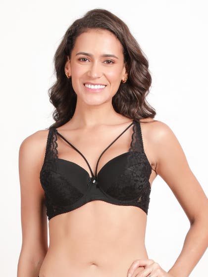 Susie Black Beauty Lace Strap Fancy Neckline Padded Push Up Bra
