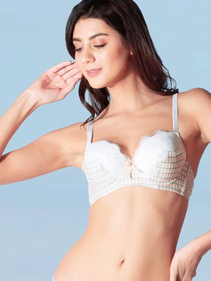 Shyle Light Orange Plaid Print Eyelash Lace Neckline Push Up Bra