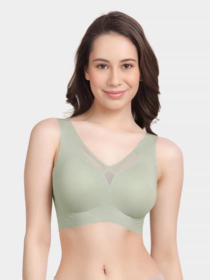 Shyle Light Olive Mesh Neckline Padded Slip On Seamless Bra