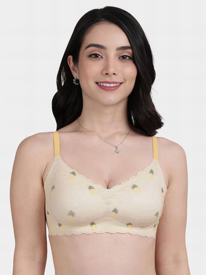 Shyle Light Yellow Pineapple Printed Lace Seamless Bra