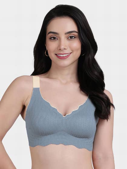 Shyle Dusky Blue Contrast Piping Lace Seamless Bra