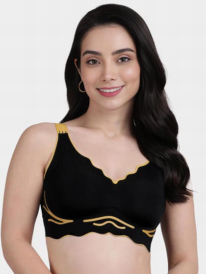 Shyle Yellow Black Contrast Cutwork Seamless Bra