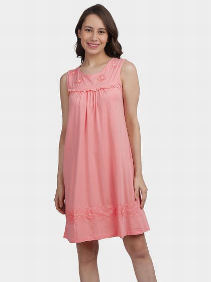 Shyle Orange Pink Floral Trim Sleeveless Long Chemise