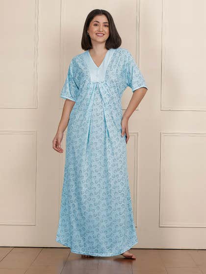 Susie Light Blue Full Length Printed Nightgown
