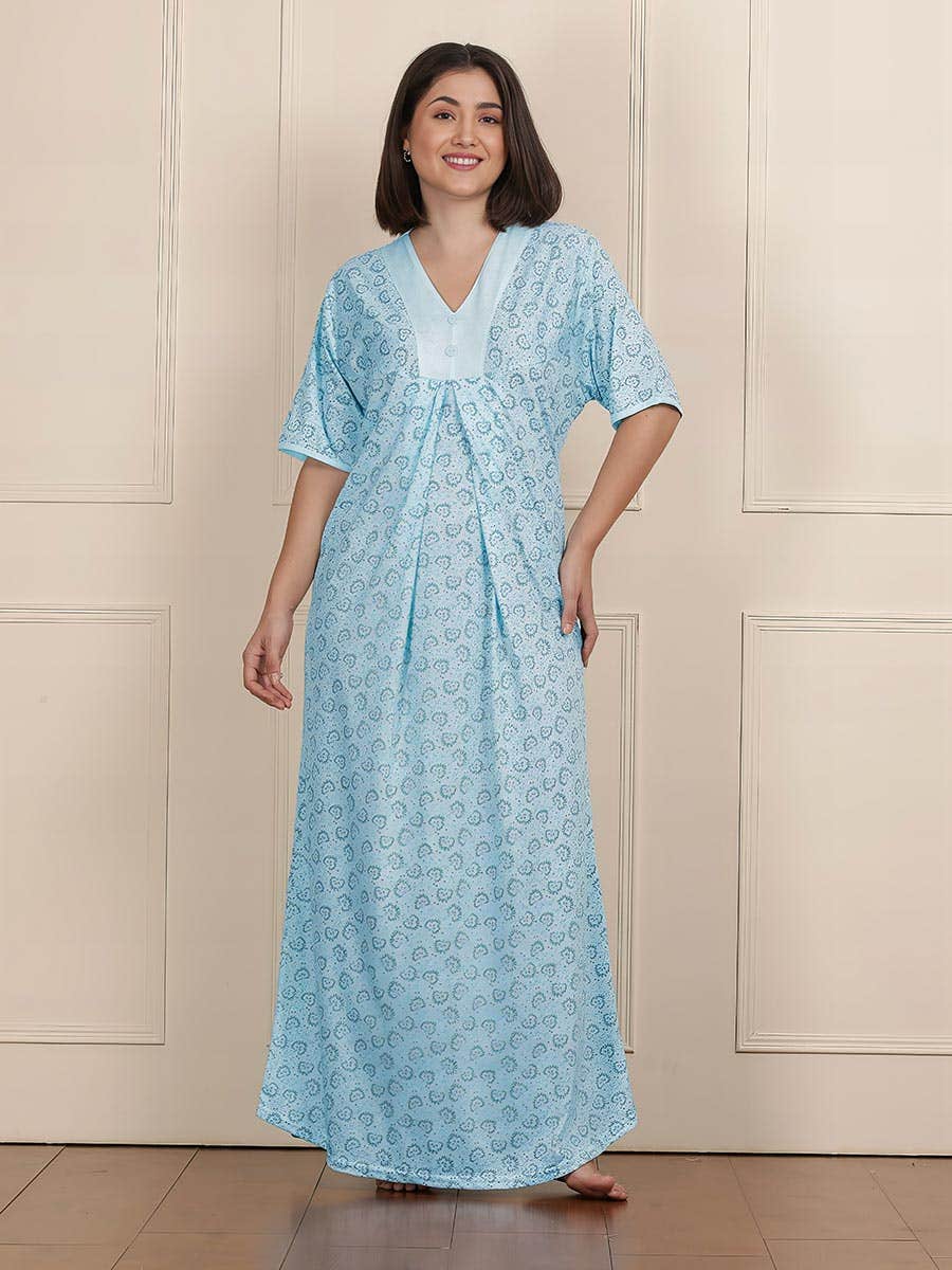 Susie Light Blue Full Length Printed Nightgown