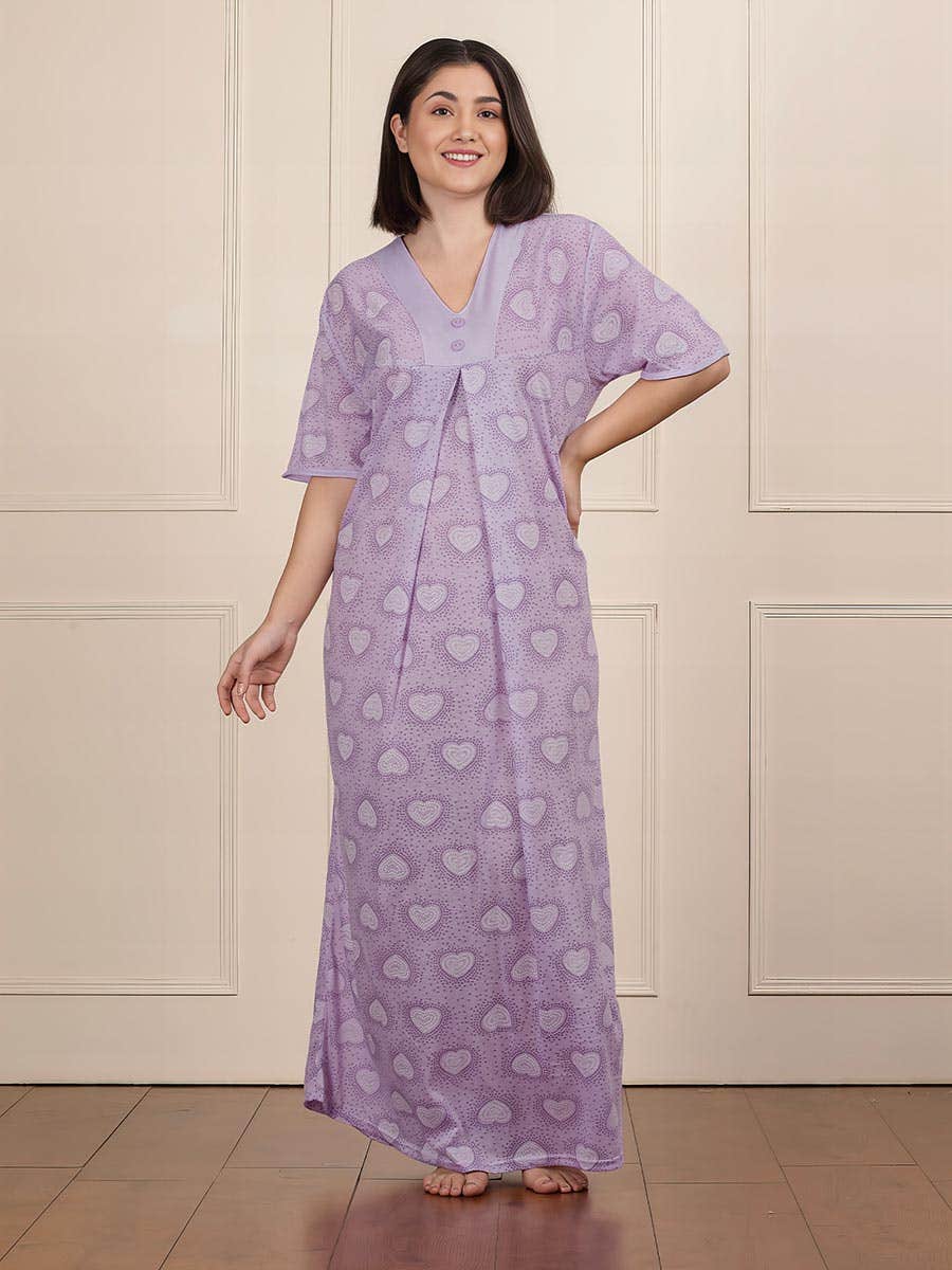 Susie Lilac Full Length Heart Printed Nightgown