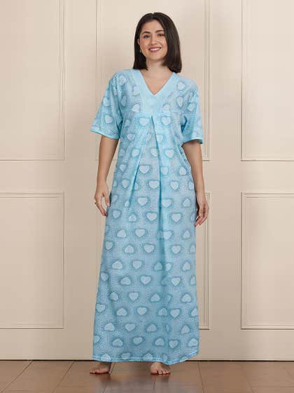 Susie Pale Blue Full Length Heart Printed Nightgown