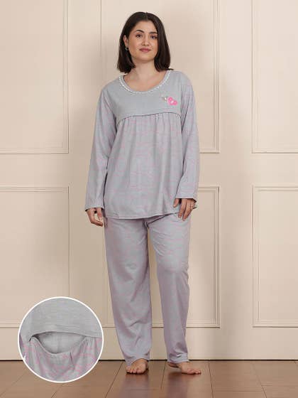 Susie Grey Pink Heart Printed Nursing Pyjama Set