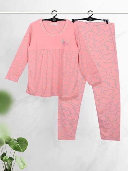 Susie Pink Blue Heart Printed Nursing Pyjama Set