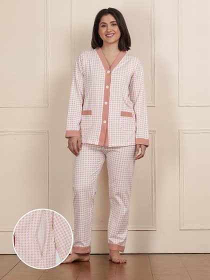 Susie Light Coral Printed Nursing Pyjama Set