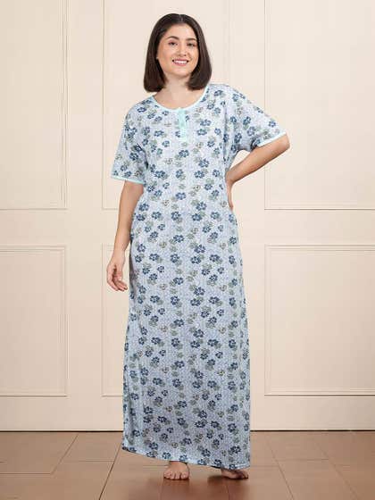 Susie Blue Round Neck Printed Nightwear